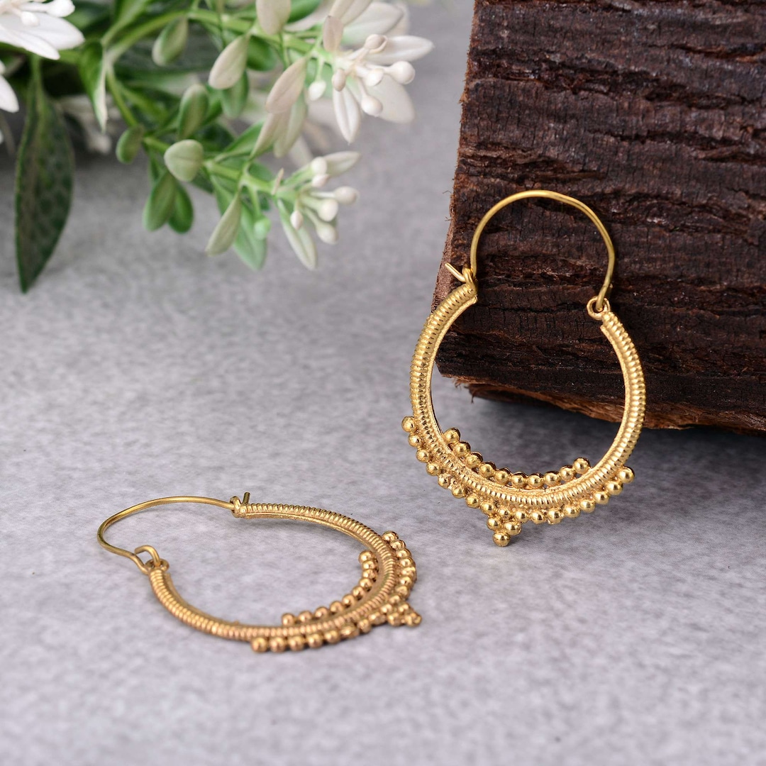 Gold Beaded Hoop Earrings: Brass Huggie Earrings - Etsy
