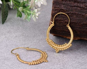 Gold Beaded Hoop Earrings: Brass Huggie Earrings