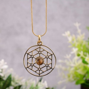 Tiger Eye Sri Yantra Necklace - Sacred geometry- charm pendants- handmade jewelry - buddha jewelry- Hinduizm