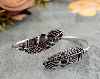 Silver Feather Bracelet: Brass Boho Arm Cuff