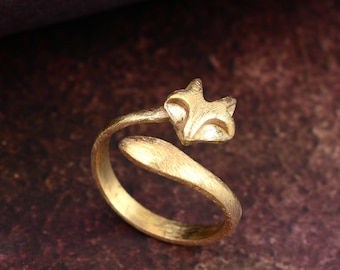 Adjustable Gold Fox Ring: Handmade Brass Animal Jewelry