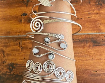 Adjustable Brass Arm Cuff Bracelet: Silver Plated Spiral Armband