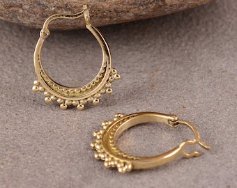 Mandala Brass Huggie Earrings: Minimalist Gold Boho Hoops