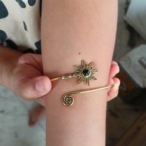 Gold Sunburst Arm Cuff: Obsidian Boho Brass Upper Arm Bracelet
