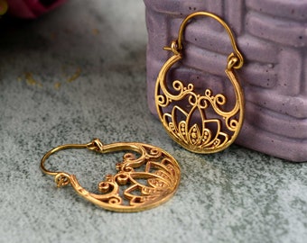 Gold Brass Filigree Hoop Earrings: Geometric Boho Lace Hoops