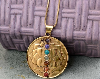 Gold Circle Pendant, Lotus Brass Jewelry, Seven Healing Birth Stones, Chakra Pendant, Spiritual Jewelry, Gift for Yogi, Chakra Jewelry