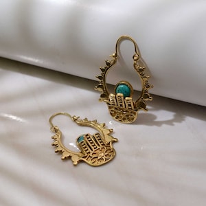 Brass Hamsa Hoop Earrings: Turquoise Fatima Hand Jewelry