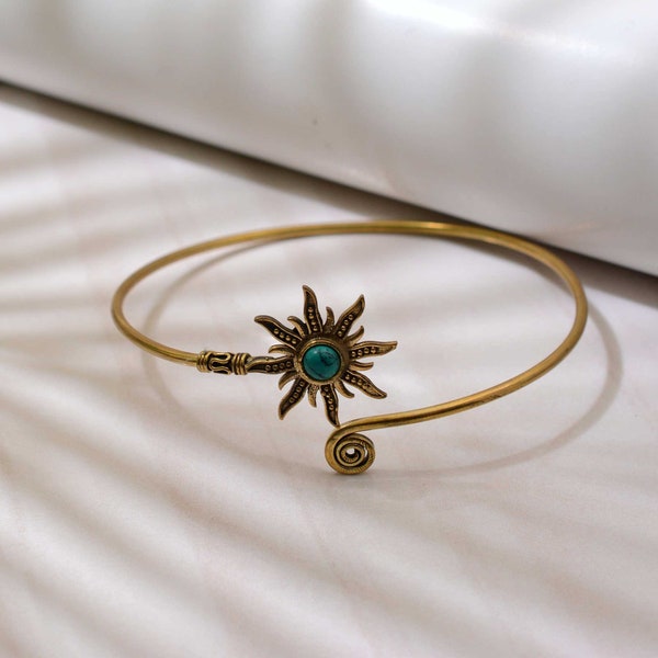 Gold Turquoise Sun Adjustable Gold Bangle Bracelet, Tribal Gemstone Crystal Festival Boho Jewelry, upper arm cuff