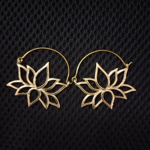 Gold Lotus Hoop Earrings: Brass Threader Earrings, Yoga Jewelry