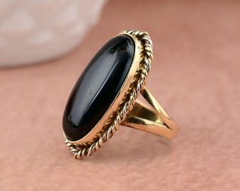 Handmade Black Obsidian Brass Ring: Boho Gemstone Jewelry