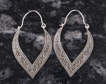 Boho Mandala Hoop Earrings, Spiral Silver Brass Jewelry, Spiritual Rustic Style