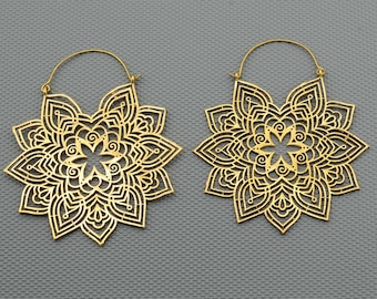 Large Gold Mandala Hoop Earrings: Bohemian Brass Jewelry