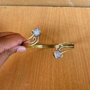 Rainbow Moonstone Gold Arm Cuff: Adjustable Boho Brass Armlet