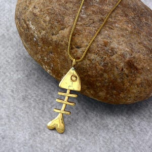 Golden Brass Fish Skeleton Necklace: Minimalist Pendant Jewelry