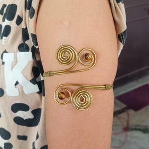 Gold Brass Spiral Arm Cuff: Tigers Eye Boho Armlet