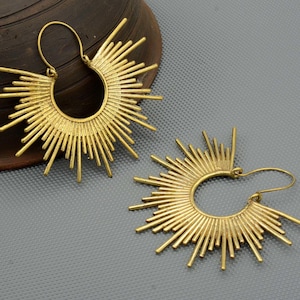 Brass Starburst Hoop Earrings: Bohemian Sun Charm Statement Jewelry