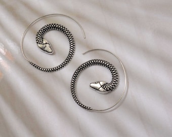 Silver Snake Earrings, Snake Hoop Earrings, Spiral Snake Earrings, Spiral Earrings, Large Hoops, Gold Snake Hoops, Brass Hoops