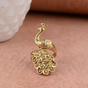 Gold Peacock Ring: Brass Animal Ring, Adjustable Jewelry