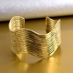 Gold wave cuff, stacking wristband bracelet boho delicate minimal style, Brass dainty statement cuff simple wave design