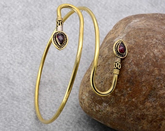 Red Garnet Brass Arm Cuff Bangle - Handmade Armlet