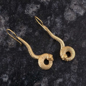 Gold Brass Snake Dangle Earrings: Statement Jewelry