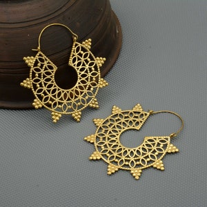 Brass Mandala Hoop Earrings: Handmade Tribal Boho Jewelry