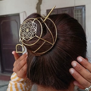 Gold Brass Bun Cage with Hair Fork: Minimalist Hair Pin