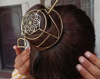 Gold Brass Bun Cage with Hair Fork: Minimalist Hair Pin