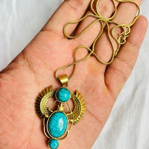 Turquoise Scarab Pendant Necklace: Gold Brass Jewelry