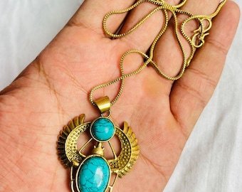 ターコイズスカラベネックレス：14Kゴールドヴェルメイユスターリング