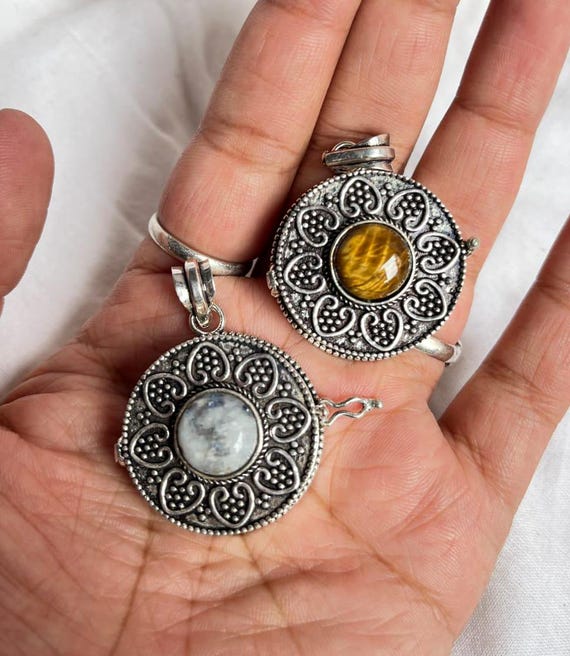 Tiger Eye Pendent, Rainbow Moonstone Poison Locket Necklace, Silver Plated  Pendant, Handmade Pendent, June Birthstone Pill Box, Gift For Her