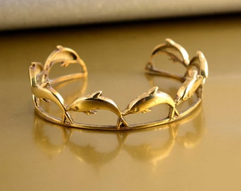 Vintage Gold Tone Brass Dolphin Bangle Bracelet