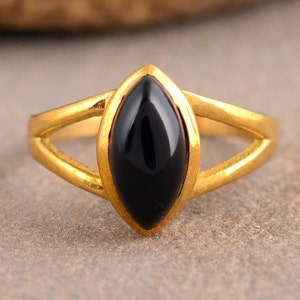 Marquise Black Obsidian Ring: Gemstone Brass Ring for Women