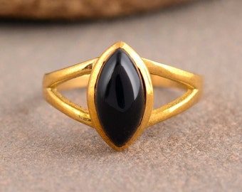 Anneau d'obsidienne noire, anneau en laiton de pierre gemme, anneau de pierre gemme de marquise, bijoux d'obsidienne, anneau de proposition, anneau de femmes, cadeau pour elle