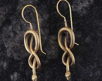 Brass Snake Dangle Earrings: Serpent Wrap Earrings