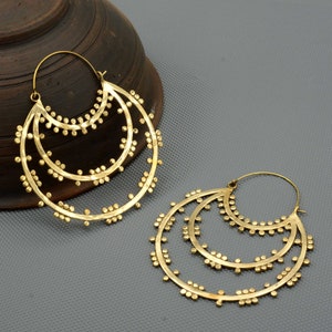 Tribal Gold Brass Hoop Earrings: Handmade Crescent Hoops