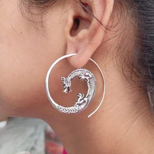Brass Dragon Hoop Earrings: Gothic Spiral Jewelry