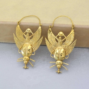 Brass Scarab Hoop Earrings: Egyptian Fairy Gold Earrings