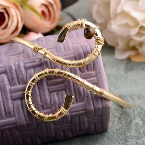 Gold Brass Arm Cuff Bracelet: Tiger Eye Wire Wrapped Armlet