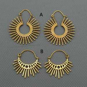 Brass Sunburst Hoop Earrings: Celestial Geometric Jewelry