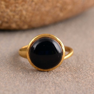 Black Obsidian Statement Ring: Vintage Gold Brass Gemstone Ring
