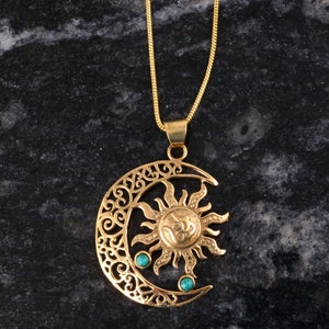Brass Sun Moon Necklace: Celestial Turquoise Crescent Moon Stars
