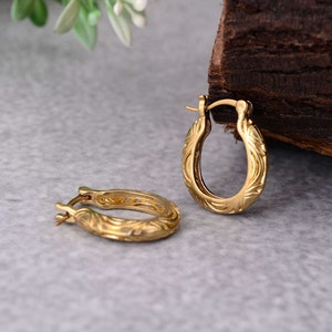 Filigree Gold Hoop Earrings: Engraved Brass Hoops