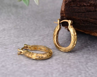 Filigree Gold Hoop Earrings: Engraved Brass Hoops