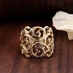 Brass Filigree Ring: Vintage Gold Boho Statement Ring