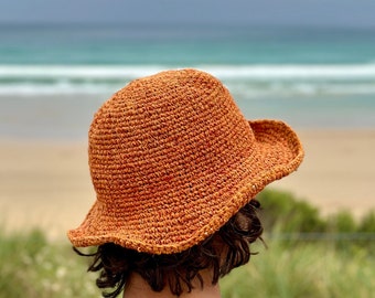 Handwoven Hemp Sun Hat: Burnt Orange, Adjustable Brim