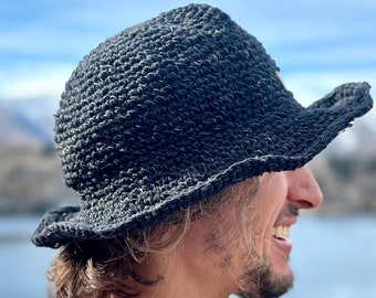 Handwoven Black Hemp Sun Hat: Adjustable Brim, Natural Fibres