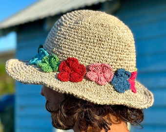Handmade Hemp Sun Hat: Foldable Wire Brim, Crochet Floral Detail