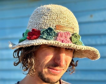 Handwoven Hemp Sun Hat: Floral Crochet Brim, Adjustable Wire