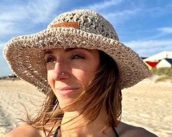 Handwoven Hemp Sun Hat: Adjustable Crochet Brim, Packable Beach Hat
